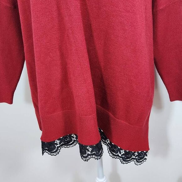 Chico's Red Sweater Poncho with Black Lace Trim NWT Size Small/Medium Red Poncho - Picture 4 of 11